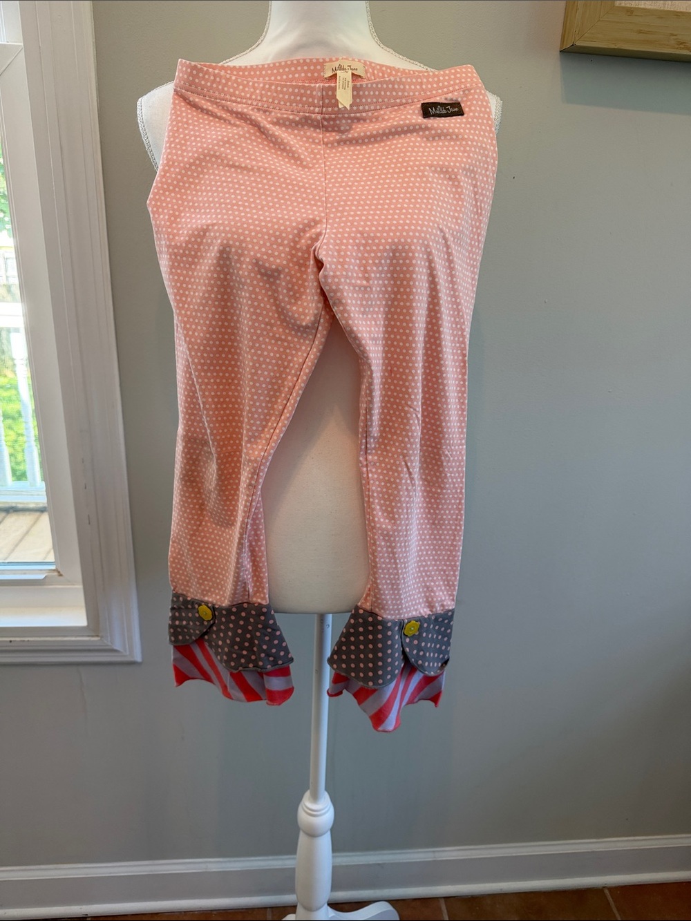 Matilda Jane Pink Polka Dot Leggings with Gray Ruffle & Red Accent
